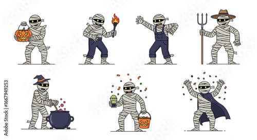 Collection of halloween mummy characters celebrating the spooky holiday season fun