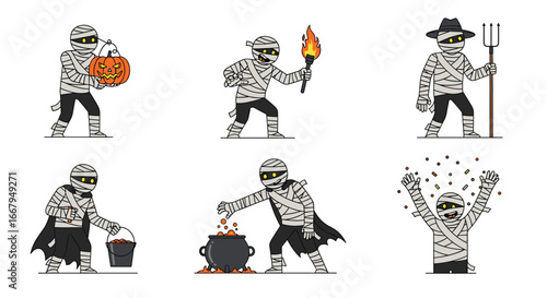 Six spooky mummies engage in terrifying halloween activities with festive decorations and props