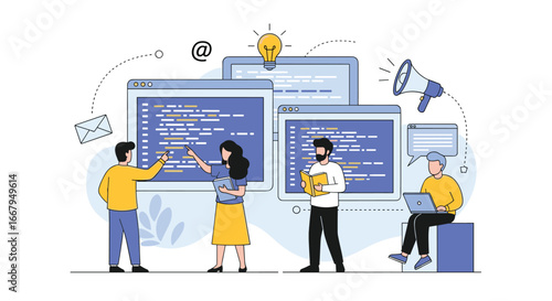 Agile software development team collaborating on digital project with coding screens and communication icons illustrating modern business workflow