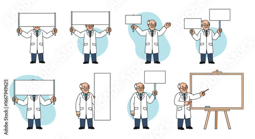 Cartoon doctor character holding blank signs and presenting information on whiteboard for medical or educational purposes