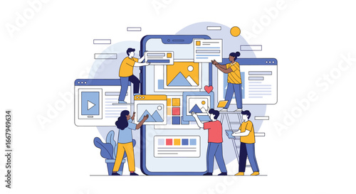Illustrative concept of digital content creation and management with a team of professionals working on a smartphone interface