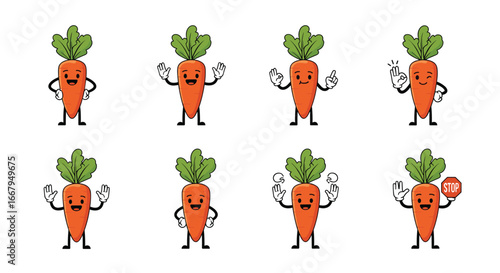 Adorable anthropomorphic carrot characters displaying various fun poses and expressions for creative projects