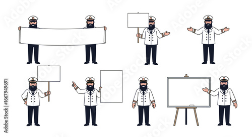 Maritime captain character collection displaying various signs and banners with engaging gestures for presentations