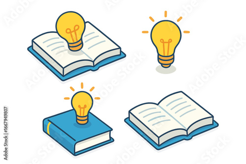 Creative innovator icons. Isometric flat icon set of creativity and innovation. Open book with lightbulb emblem. Metaphor for knowledge, ideas, learning, education, inspiration.