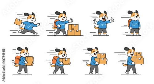Friendly cartoon dog character delivering packages with speed and efficiency in a series of action poses