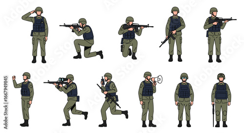 A collection of diverse soldiers posed in various military actions and readiness stances depicted in pixel art style