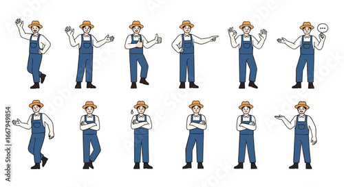Collection of farmers posing in various gestures and expressions showing different emotions and activities