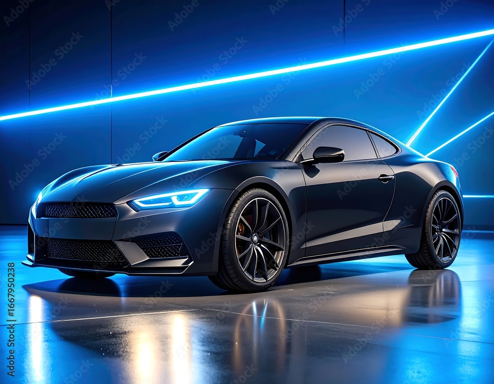 Fototapeta premium Sleek Coupe, Studio Shot, Neon Lighting