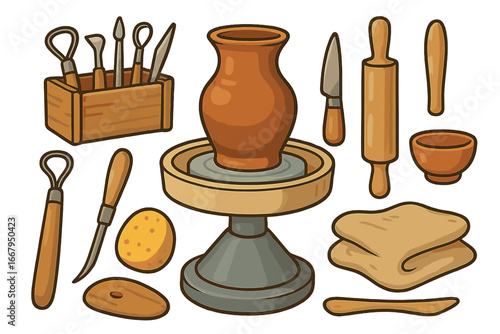 Pottery making tools and equipment set. Vector illustration of a potter's wheel, clay, and sculpting tools for a creative workshop or hobby. Handmade ceramic craft concept.