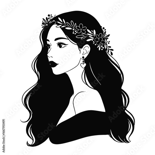 Elegant black and white portrait of a woman with a floral wreath.