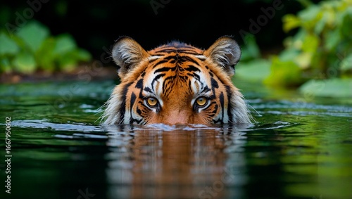 Beautiful expressive portrait of a tiger with its head partially submerged in water. Animal mammal wildcat photography illustration. Panthera tigris.