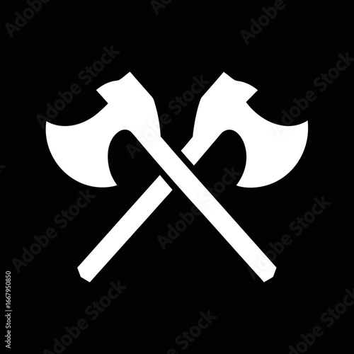 Minimal crossed axes vector logo on black, ideal for rustic woodworking branding, survival emblems, hiking clubs, and warrior crests.