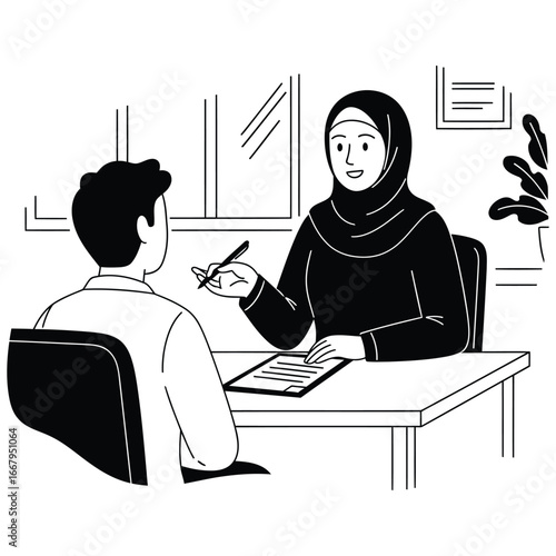 A woman in a hijab is consulting with a man at a desk in an office setting.