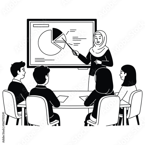 A Muslim businesswoman gives a presentation to her team using a pie chart.
