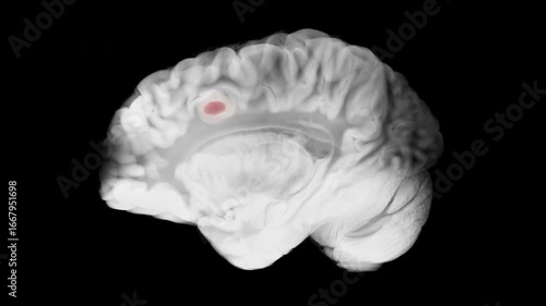Medical animation of progressive glioblastoma growth in the left frontal lobe, shown in sagittal brain view on a black background.