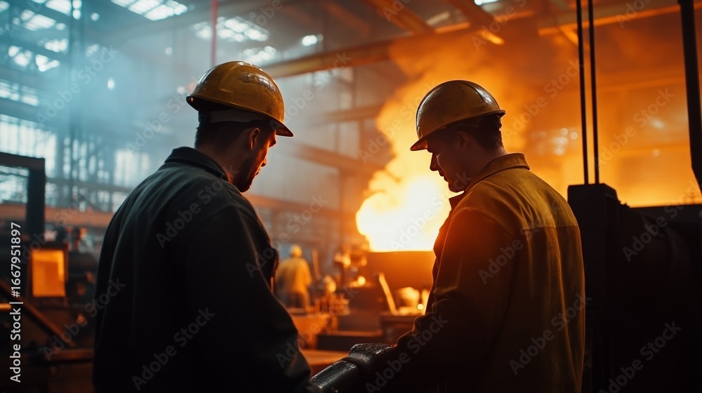 Obraz premium Workers overseeing metal casting process industrial factory action shot high-temperature environment side view manufacturing technique