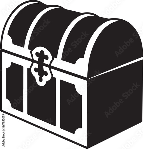 Antique wooden treasure chest with ornate metal fittings isolated on white background