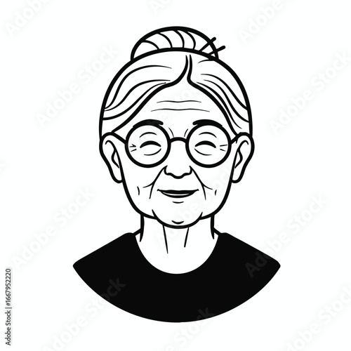 Happy Elderly Woman with Glasses Line Art Portrait.
