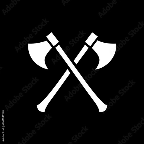 Crossed axes icon vector design on black background, suitable for outdoor branding, medieval fantasy emblems, and rustic adventure badges.