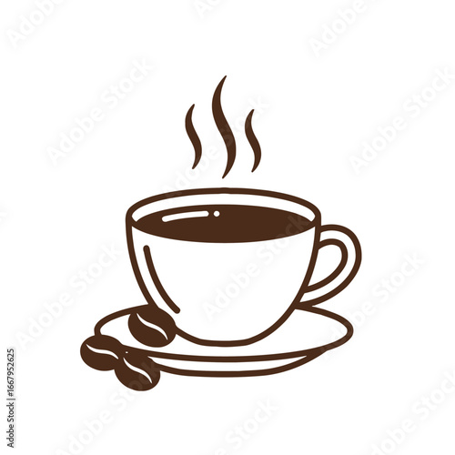 Hot coffee cup with steam and beans icon.