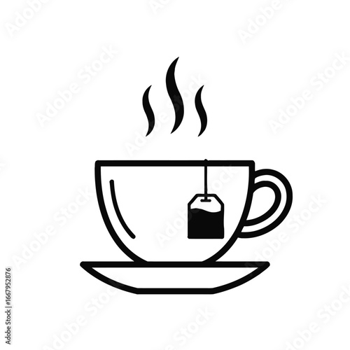 Hot tea cup with saucer and teabag line icon.
