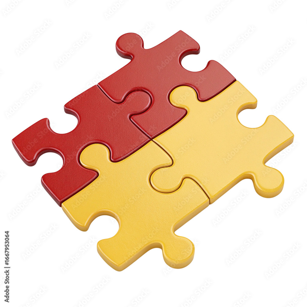 Fototapeta premium Four interlocking puzzle pieces in red and yellow isolated on transparent background
