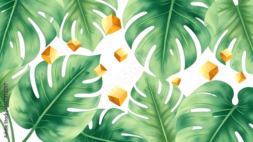 Tropical flower and colorful fish in jungle aquarium with plants and leaves