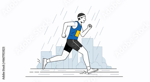 Focused Urban Runner in the Rain.