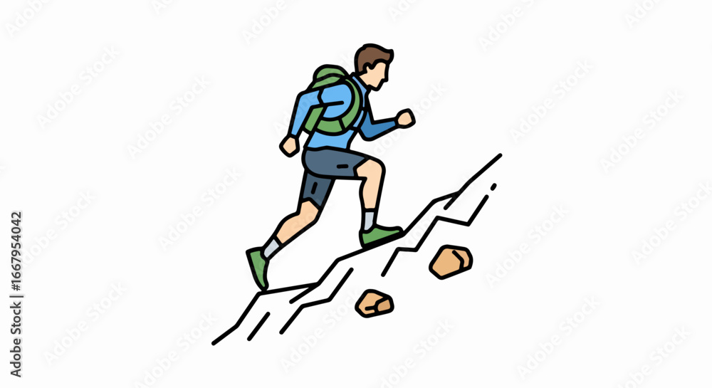 Fototapeta premium Man Hiking Steep Mountain Trail.