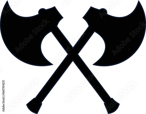 Flat silhouette of cross axes vector, great for game logos, adventure emblems, lumberjack designs, and survival graphics.
