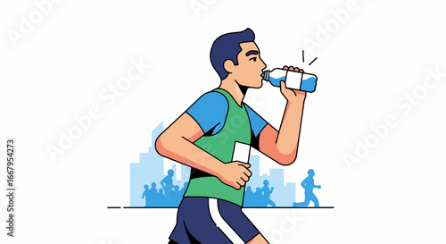 Marathon runner taking a water break to stay hydrated during the race.