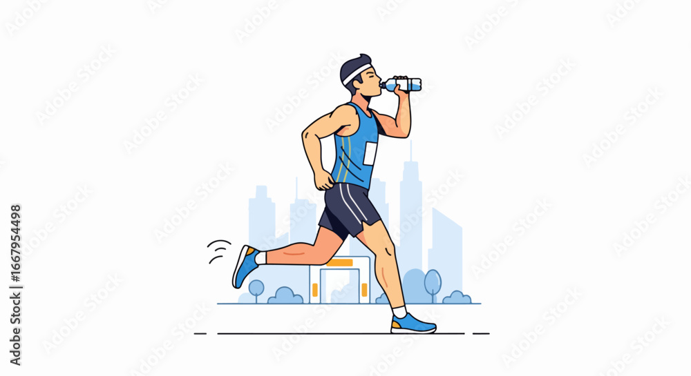 Obraz premium Runner Hydrating During a City Marathon Race.