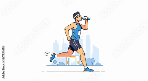 Runner Hydrating During a City Marathon Race.