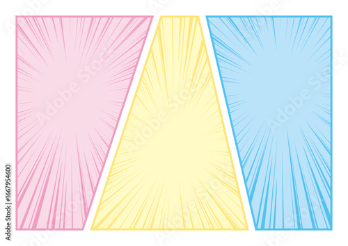 集中線　三分割　横レイアウト　ベクター　カラフル　パステル　コマ割り