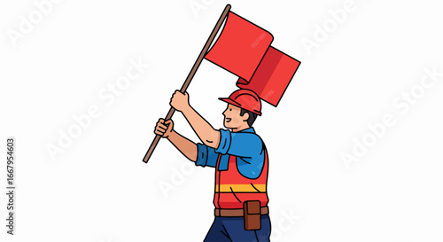 Man holding red flags signaling in a construction or industrial setting.