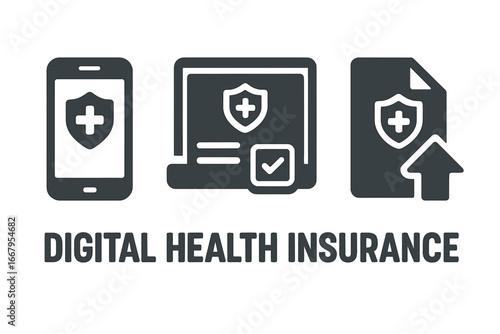 Digital health insurance vector icon set. Mobile app protection, online form, document upload. Healthcare technology, telemedicine, medical policy and data security concepts.