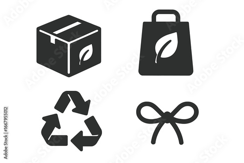 Eco packaging icon set. Sustainable friendly environment concept. Cardboard box, paper bag, recycle symbol. Vector glyph pictograms for delivery, shipping, shopping, zero waste.