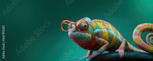 chameleon wearing sunglasses on a solid color background, vector art, digital art, faceted, minimal, abstract, panorama background.