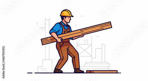 Construction worker carrying wooden planks on construction site.