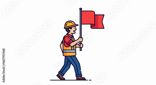 Construction Worker Directing Traffic with Red Flag.
