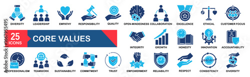 Core values icon set. Vector pictograms of principles, business ethics, teamwork, leadership, diversity, integrity, trust, innovation, sustainability thin linear illustration. 