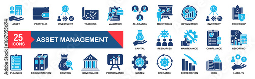 Asset Management icon collection set. Containing asset,portfolio,investment,tracking,valuation,allocation,monitoring,optimization,inventory,ownership icon. dual tone vector. 