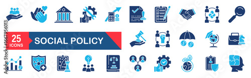 Social policy Web Icon Set . Collection of Social services Linear Icons, Including, healthcare, family, education, protection, law, insurance, healthcare, reform and more.