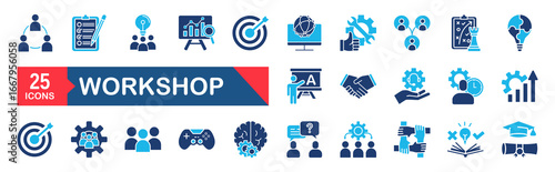 Workshop set of web icons. Business Workshop icons for web and mobile app. Containing team building, teamwork, coaching, meeting, managing, coaching, motivation and more