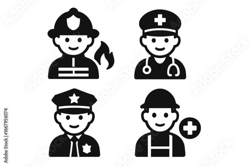 Emergency response team solid icon set. Vector glyph icons of essential workers. Firefighter, police officer, doctor, paramedic, first responder avatars. Public safety professions.