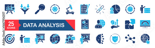 Data analysis set of web icons. Data analytics icons for web and mobile app. Graphs, traffic analysis, data processing, research network collection, statistics, analytics, performance.