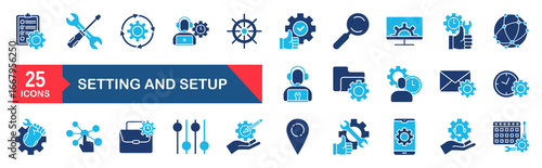 Settings and setup set of web icons . Setup icons for web and mobile app. Settings, installation, maintenance, update, download, configuration, options, control. Vector illustration