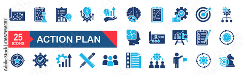 Action plan set of web icons. Strategy action planning icons for web and mobile app. Containing strategy, analysis, planning, strategy, analysis, tasks, goal, implementation and more