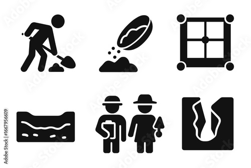 Archaeology excavation icon set. Solid glyph symbols of digging, sifting soil, site grid, trench, and research team. Paleontology discovery process vector pictogram collection.
