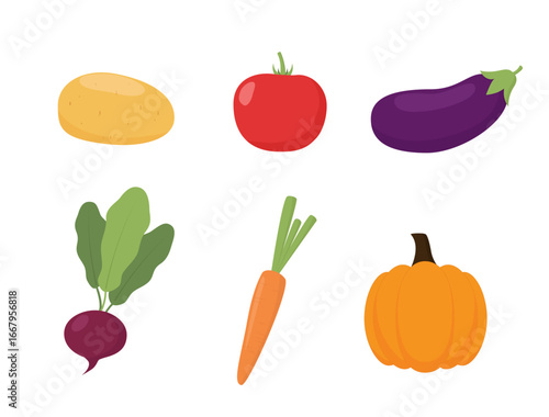 Set of vegetables: potatoes, carrots, tomatoes, eggplant, beetroot, pumpkin on a white background.